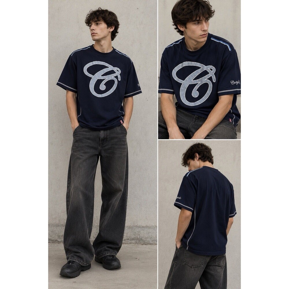 COOGI T Shirt XXL Navy Plaid Logo Applique Embroidered Y2K Hip Hop Streetwear